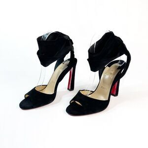 CHRISTIAN LOUBOUTIN Rose Amelie Black Suede Ankle Tie Heel Size 38 US 7.5 Peep